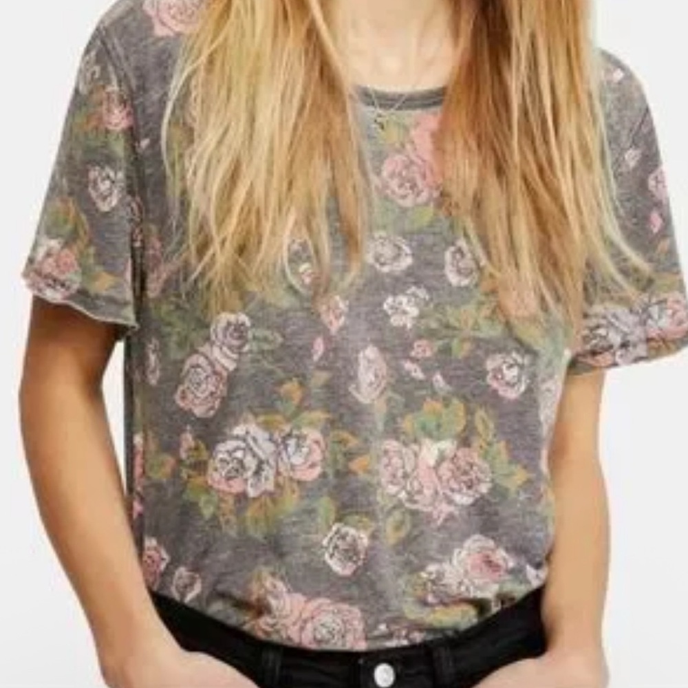 Free people oversized floral gray indie core chic shirt